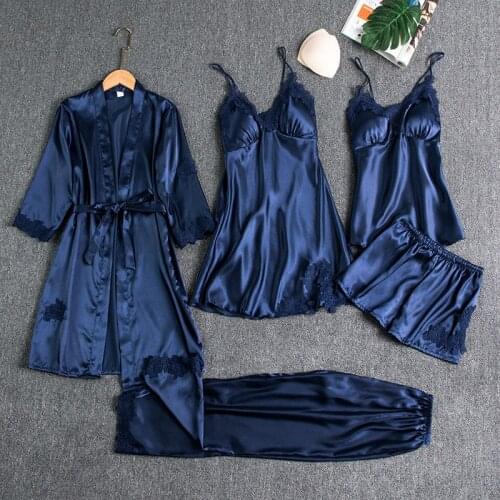 Spring Pajamas Suit Sexy Five Piece Set White Lace Trim Wedding Robe Set Kimono Bathrobe Gown Thin Silk Sleepwear Home Clothes