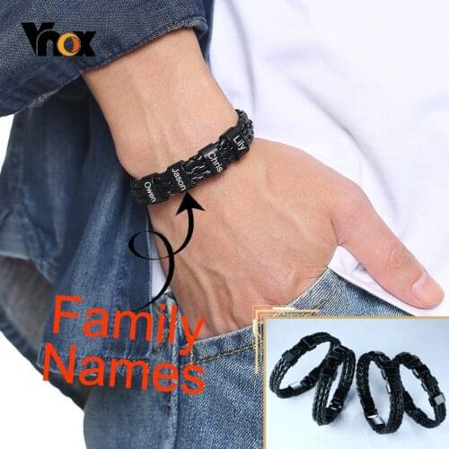 Vnox Customized Family Names Bracelets for Men Woven Black Leather Bangle Women Beads Wristband Personalized Chrismas Gift