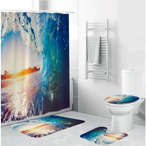 Dusk Beach Scenery Fabric Shower Curtain Coastal Starfish Shell Bathroom Curtains Set Non-Slip Rugs Toilet Lid Cover Mat Carpet