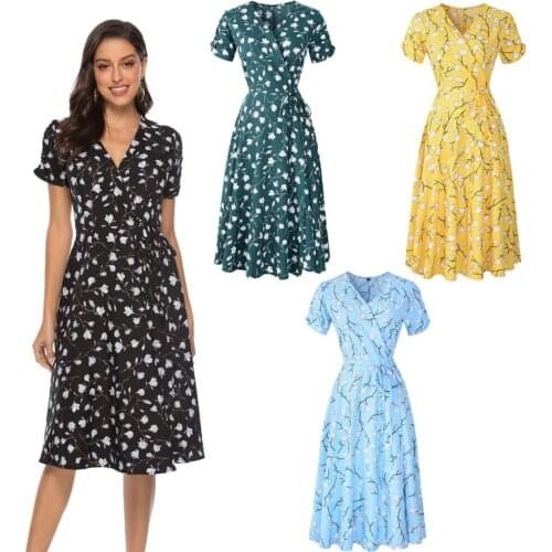 New Summer Womens Bohemian Beach Skirt 2021 Casual Short-sleeved Chiffon Print Retro Mid-length Dress Female Elegant Robe