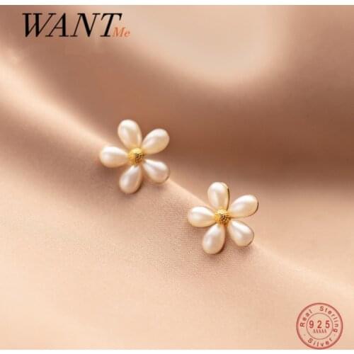 WANTME 925 Sterling Silver Romantic Pearl Sweet Flower Stud Earrings for Women Fashion Korean Chic 18K Plated Jewelry Gift