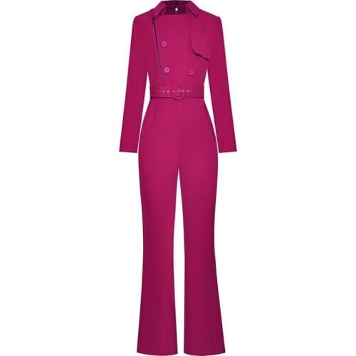 New HIGH QUALITY 2021 Stylish Womens Lapel Long Sleeve Zipper Double Breasted Belt Pocket Jumpsuits
