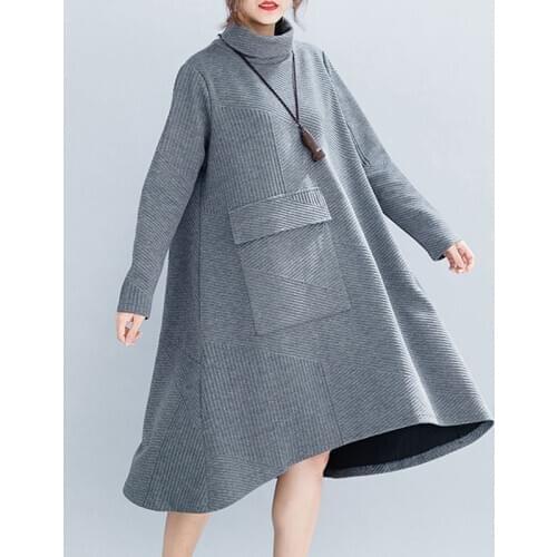 Gray dress womens Plus fat size mid-length 2019 new autumn winter turtleneck Casual loose long-sleeved Hedging Vestidos D134