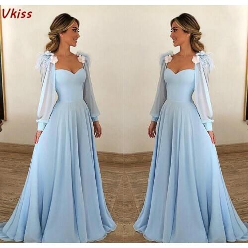 Light Blue Chiffon Summer Evening Dresses Women Formal Party Robe De Soiree Vestidos 2020 Corset Long Sleeves Prom Maxi Dress