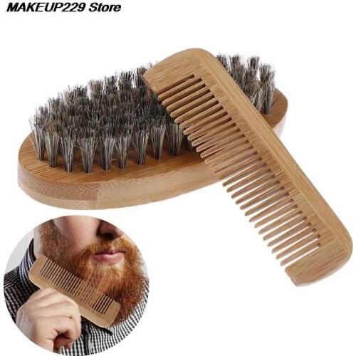 2pcs/set Beard Brush Boar Bristle For Mens Mustache Shaving Comb Face Massage Facial Hair Cleaning Brush Comb