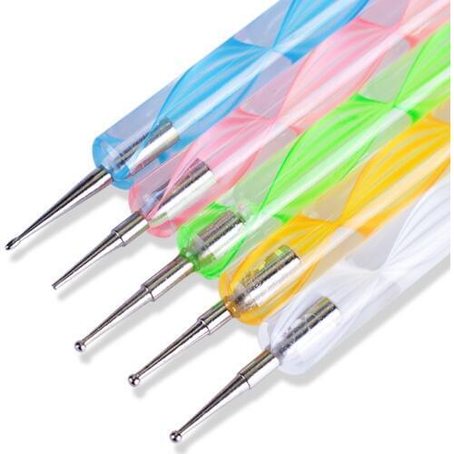 5pcs 2 Way Marbleizing Acrylic Handle Painting Dotting Pen Nail Art Drawing Dot Rhinestone Crystal Gems DIY Tools Manicure JI620
