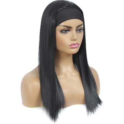 Afro Glueless Full Machine Made Long Straight Headband Wig For Black Women 18 inch Synthetic Hair Wigs With Headband Scarf