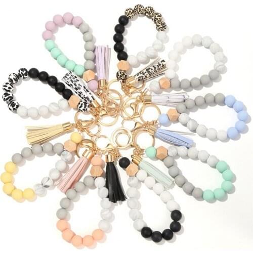 Bracelet Keyring Decorative Lightweight Tassel Stretchy Silicone Beads Portable Bangle Wristlet Keychains браслеты на руку