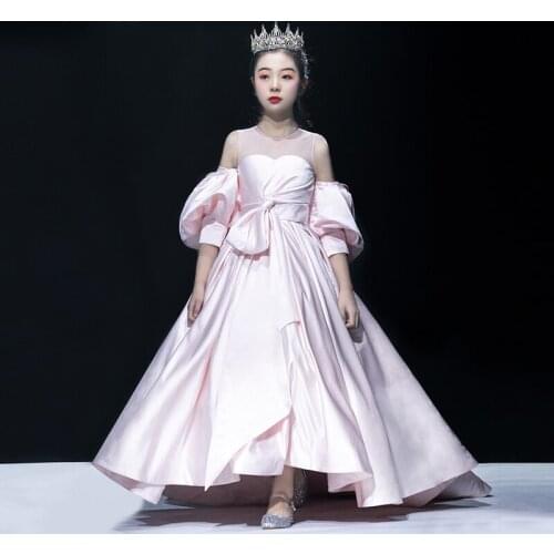 Flower Girl Dresses Vintage Bow Jersey Off The Shoulder Short O-Neck Princess Floor-Length Luxury Pink Cute Kids Party Gown H599