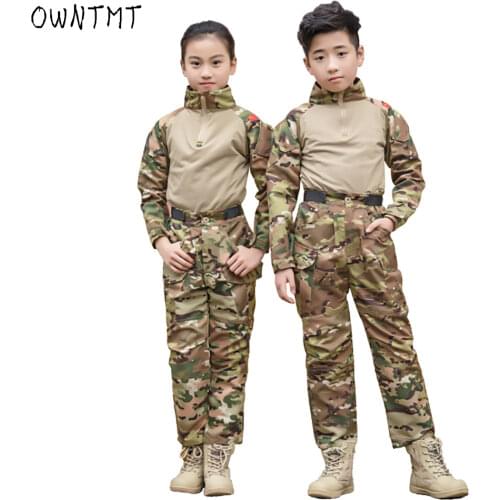 Breathability Elastic Cotton Camouflage Uniform for Children Multi Pocket Long Sleeve Army Tactical Scouting Training Equipment