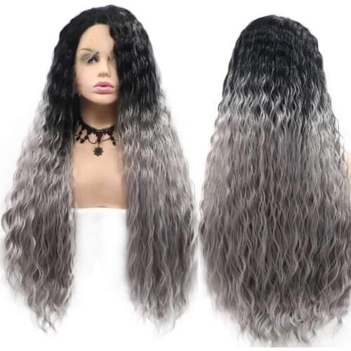 Ombre Gray 2 Tones Lace Front Wig Dark Roots Long Natural Wave Hair for Women Replacement Half Hand Tied Daily Wigs 24 Inch