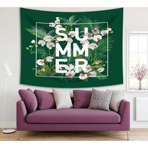 Tapestry Tropical Palm Leaves and Orchid Flowers Summer Theme Artwork Printed Green White