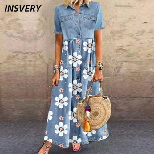 Summer Flower Print Dress Women Turn Down Collar Patchwork Denim Style Dress Boho Pocket Party Dress Plus Size 2021