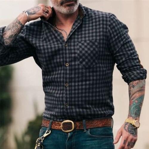 Autumn Vintage Plaid Printed Button Cardigan Tops Men Long Sleeve Shirt Fashion Streetwear Casual Mens Turn-down Collar Shirts