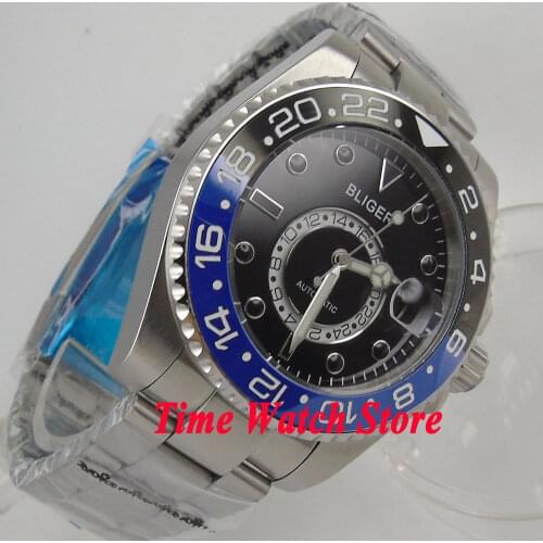 Bliger 43mm black dial luminous black marks sapphire glass luminous 24 hours GMT Automatic movement Mens watch men 235