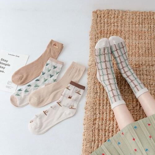 Socks Women Spring Summer Coffee Series Cotton Thin Mesh Style Kawaii Girl Transparent Fishnet Designer Cute Socks Set