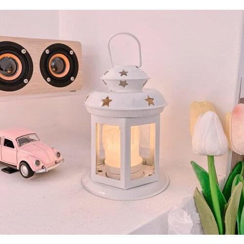 Ins wind simple star hollow candle holder retro Nordic white desktop ornaments decorative wrought iron glass wind lamp