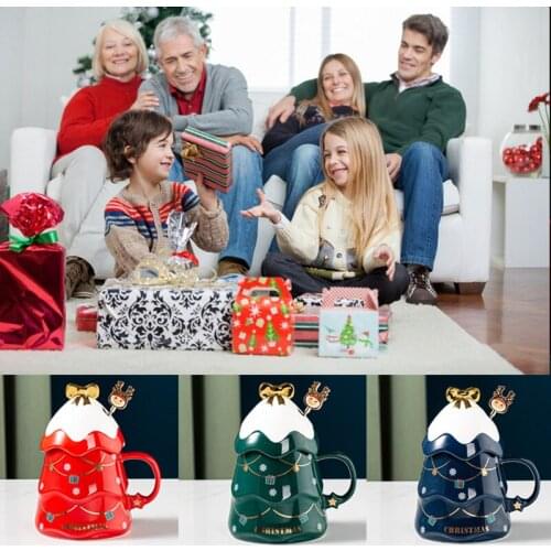 Christmas Tree Print Mugs 500 ML Ceramic Tea Milk Drink Oatmeal Coffee Cup with Stirring Rod Kid Adult Christmas Gift Drinkware