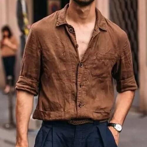 2021 Spring Linen Cotton Fashion Long Sleeve for Men Shirts Autumn Solid Casual Slim Fit Stand Collar Shirt Male Plus Size 3XL