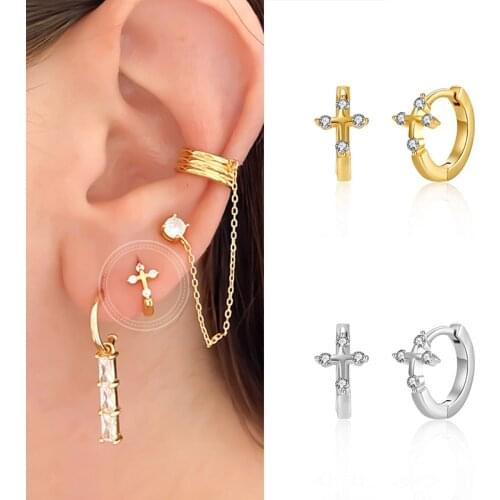 925 Silver Ear Buckle Cross Hoop Earrings for Women minimalist Crystal Earrings Korean Fashion Females Daily Jewelry Accessories