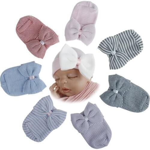 Newborn Baby Hat Autumn Winter Warm Boy and Girl Bowknot Double Stripes Thick Kawaii Soft Cap Clothing Accessories 0-3 Months