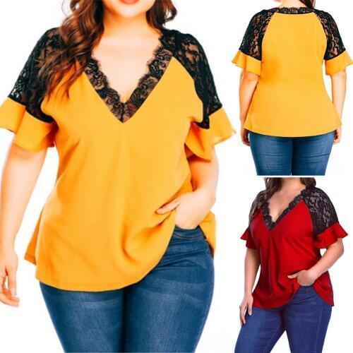 Womail Plus Size Tops T-shirt Sexy Women Short Ruffled Sleeve Deep V Neck Lace Patchwork Loose Blouse T-shirt Loose Fit T-shirt