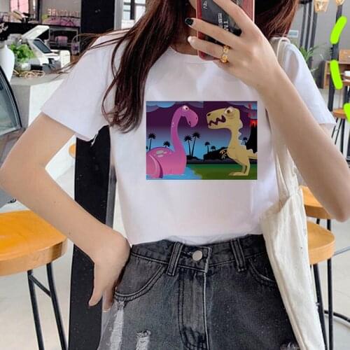 NEW 2021 dinosaur printed t shirt women T shirt o-neck summer Ladies female tops tee Funny white kawaii tshirt women clothes