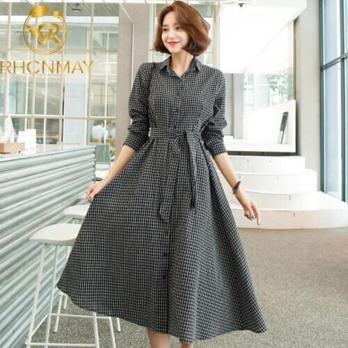 Long Shirt Dress Women 2020 Korea New Autumn Casual Chic Long sleeves Black and white check Slim Frenulum Dress Long style
