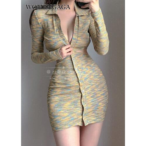 WOMENGAGA Autumn Long Sleeve Mini Dress New Korean Lapel Polo Neck Mature Elegant Open Waist Button Skinny Hip Sexy Hot KM76