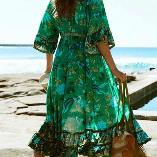 Boho Queens women floral print batwing sleeve rayon Bohemian dresses Ladies V neck Tassel Boho pleated Maxi dress vestidos