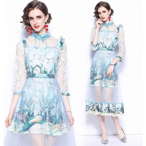 Women Summer Dresses Mesh Office Lady A-LINE Bow Mid-Calf Women Dress O-Neck Elegant Party Night Vintage 2021 New Women Dresses