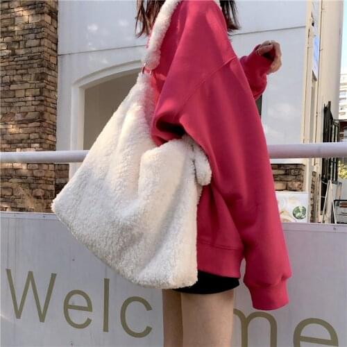 Winter Lambswool Women Handbags Luxury Designer White Shoulder Bags Brand Faux Fur Large Tote Female Messenger Bag Bucket Bag