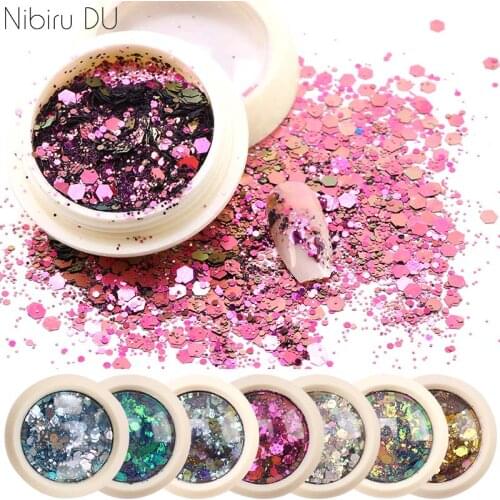 1Box Mixed Size Nail Glitter Powder Polygon DIY 7 Color Sequins For Nail Design Art Decoration Accessories Supplies Professional