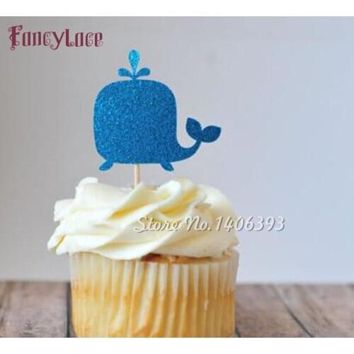 Glitter Paper Lovely Blue Whale Cake Topper Set for Kids Birthday Party Decoration Supplies Baby Shower Party Decor 30pcs/lot