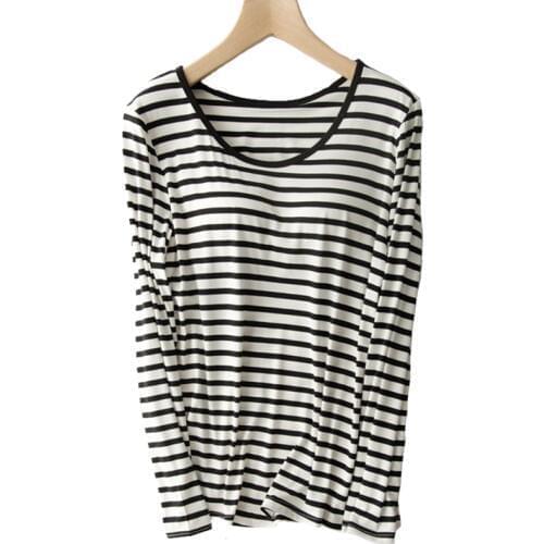Built In Bra T-shirt Women Modal Striped Soft Long Sleeve Padded Lingerie Lounge Loose Breathable Sleeping Tops Clothing Women