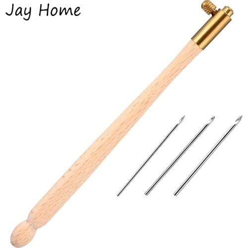 Wooden Handle Tambour Crochet Hook with 3 Needles French Crochet Embroidery Beading Hoop Sewing Tool Set DIY Craft