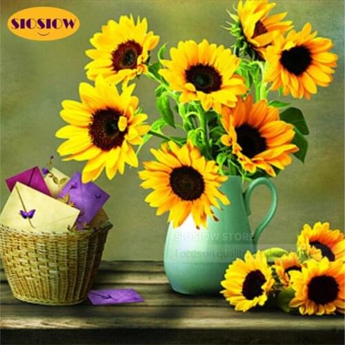 DIY 5D Diamond Painting Sunflower Full Square Drill 3D Diamond Embroidery Flowers In A Vase Mosaic Wall Pictures For Living Room