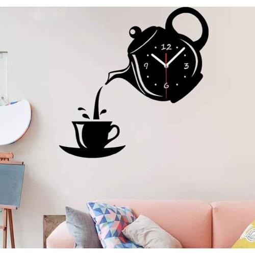 DIY Clock Living Room Mute Mirror Teapot Wall Sticker Decorative 3D Clock Wall P1I3