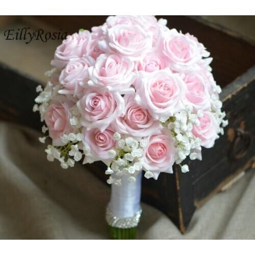 EillyRosia Pink Bridal Bouquet Roses Gypsophila Round Simple Sequined White Ribbon Bridesmaid Holding Flower mariage champetre