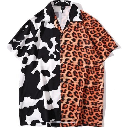 Mens Leopard Patchwork Hawaiian Beach Shirts 2021 Summer New Korean Style Vintage Print Oversized Short Sleeve Shirt Man Tops