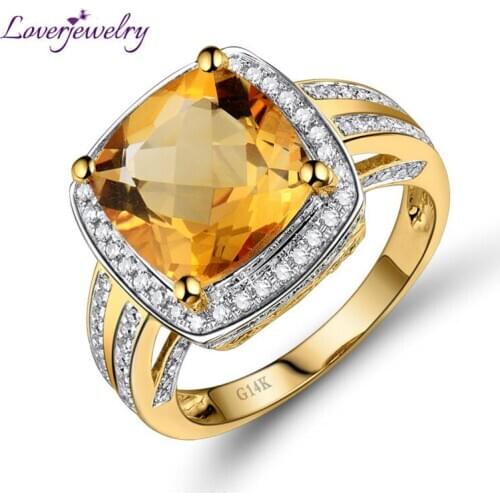 LOVERJEWELRY Yellow Citrine Rings Vintage Cushion 10x10mm 14kt Yellow Gold Natural Diamonds кольцо Anniversary Ring For Lady