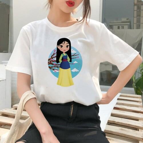 Mulan Princess Cute Cartoon Top Disney Women T Shirt Girls Can Do Anything European Clothing Summer Basic Tee Girl Power T-shirt