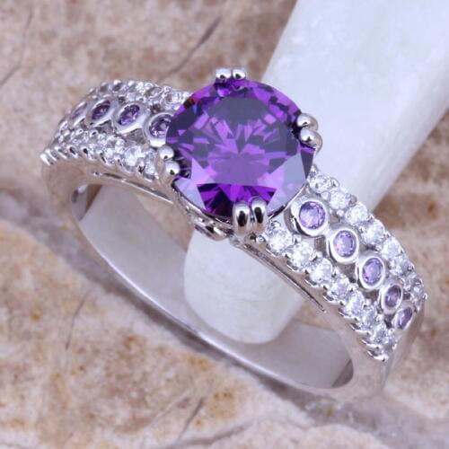 Purple Cubic Zirconia White CZ Silver Plated Fashion Ring Size 6 / 7 / 8 / 9 E175
