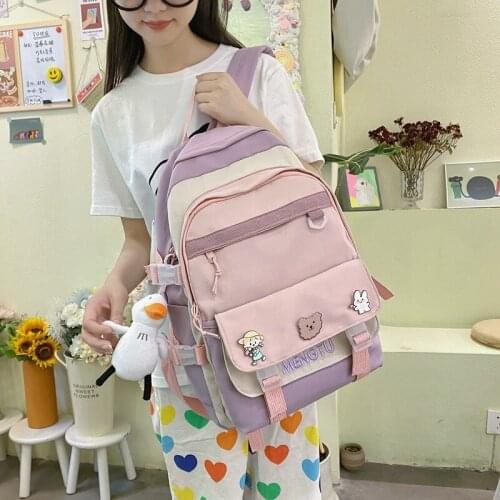 Fashion Womens Backpack Cute Badge Pendant School Bag for Girls Large-capacity Waterproof Nylon Student Schoolbags Mochila