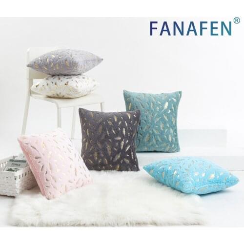 Decorative Throw Pillow Covers Plush Faux Fur with Gold Feathers Gilding Leaves Cushion Covers Cases Soft Fuzzy Cute Pillowcase