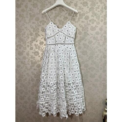 2021 Summer New Womens Lace Dress 3D Three Dimensional Flower Sexy Lady Midi Dress Backless Wave Point Female Sling Dresses