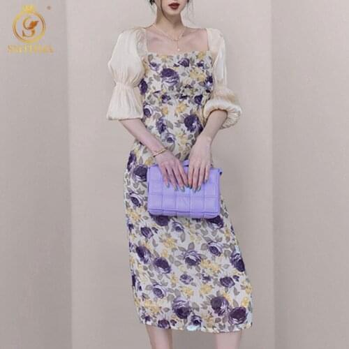 2021 New Fashion Summer Ladies Floral Print Chiffon Dress Robe Womens Square Neck Puff Half Sleeve Slim Elegant Dress Vestidos