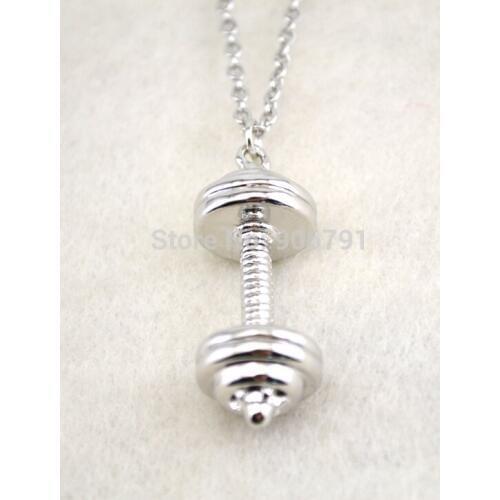 Newest styles fashion 50pcs a lot rhodium plated Weightlifting barbell pendant sports necklace