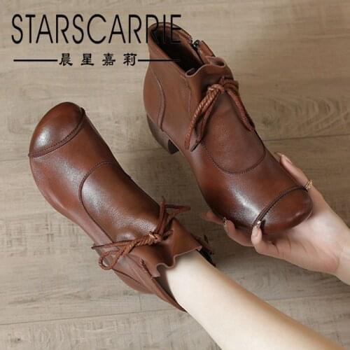 2021 autumn and winter retro leather soft sole ankle boots high-top soft leather mother shoes mid-heel soft sole boots
