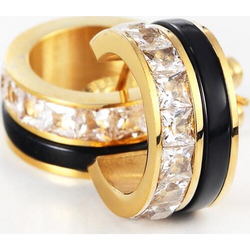 Luxury Shiny Crystal Ceramic Stud Earrings Woman Elegant Stainless Steel Rose Gold Colour Black And White BON Earring For women